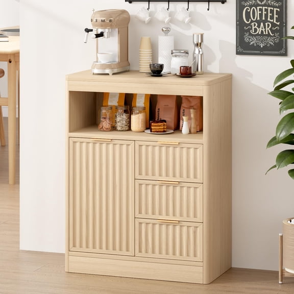 Modern Coffee Bar Cabinet with Storage, Fluted 3-Drawer Buffet Sideboard with Adjustable Shelf, Rounded Corner Storage Cabinet for Kitchen & Dining Room, Narrow Entryway Cupboard, Oak Finish