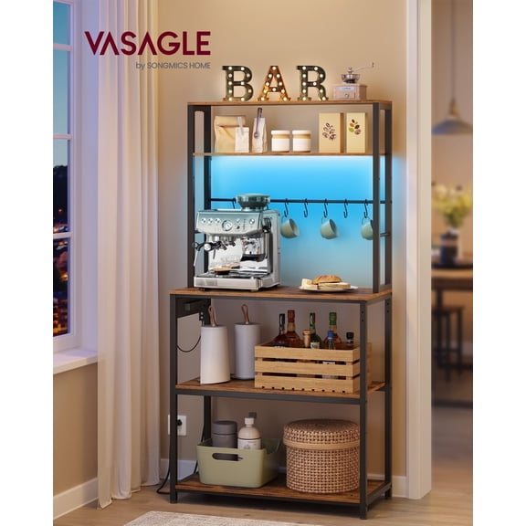 Modern Coffee Bar Cart with LED Lighting, Adjustable Shelves & Power Outlet, Multi-Purpose Kitchen Bakers Rack, 65.7 Inches Tall, Rustic Brown