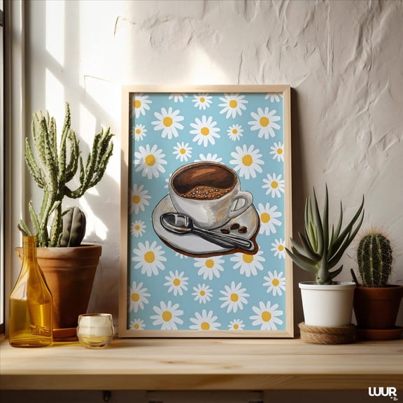 Modern Coffee Cup Daisy Pattern Kitchen Wall Art, Unframed Paper Print Size 8x12