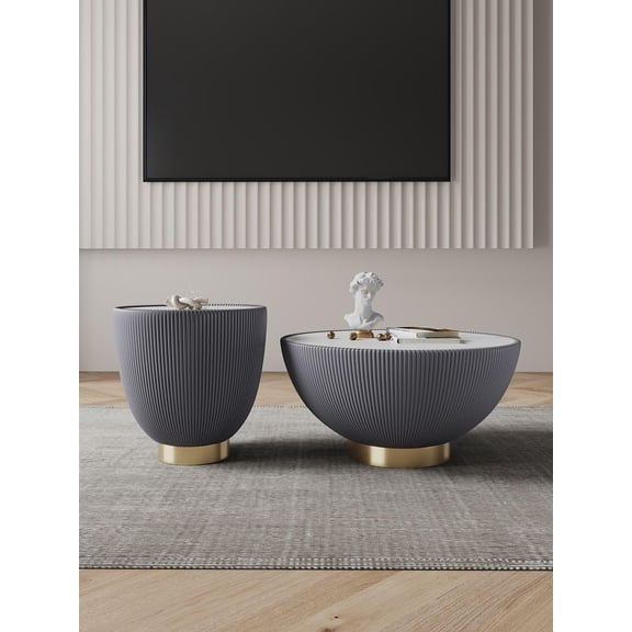 Modern Coffee & End Table Set in Leatherette with Ceramic Faux Top - Set of 2