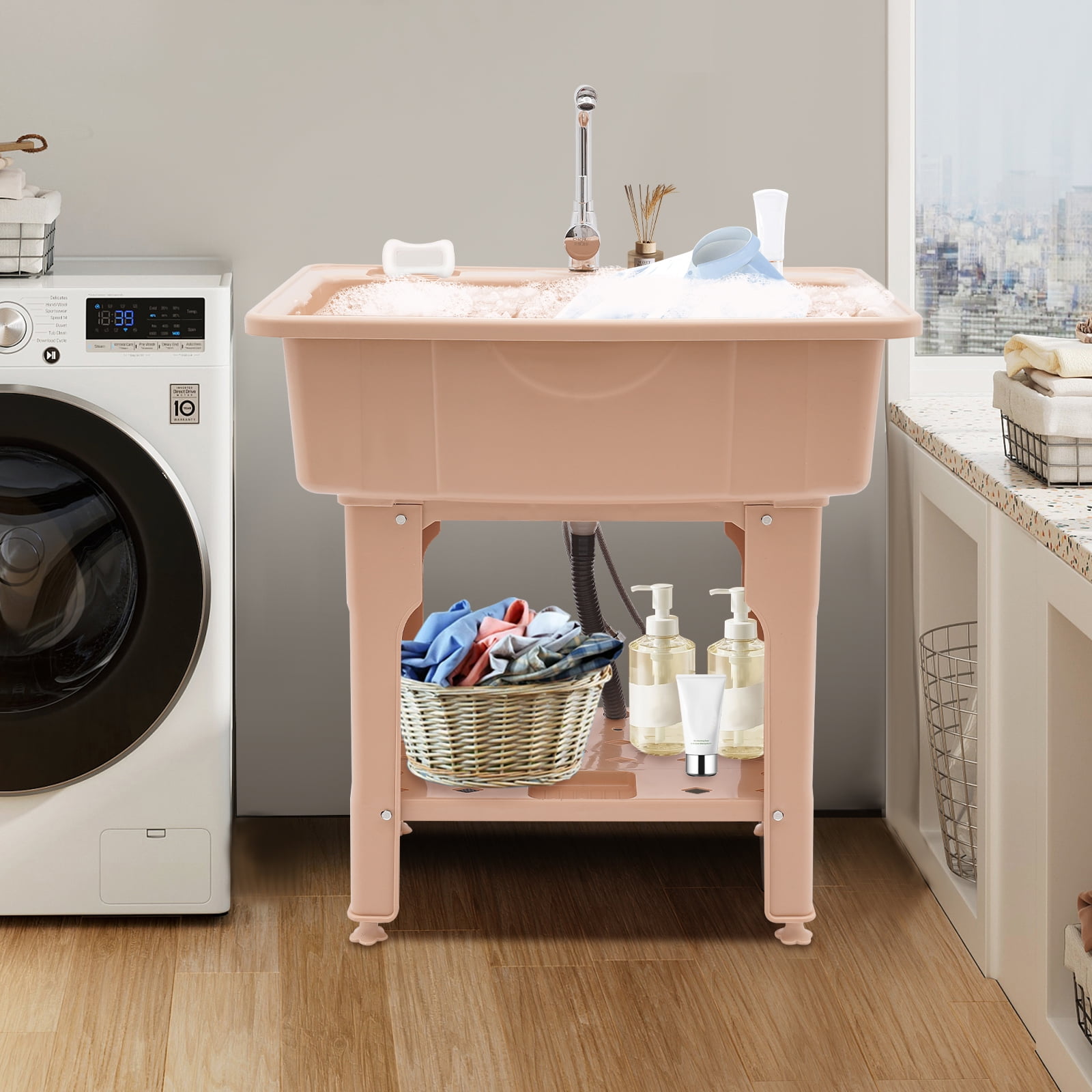 Modern Coffee Laundry Sink, Spacious Utility Sink, Utility Sink with Storage Shelf, Slop Sink Wash Station 31.5*22.05*33.46in