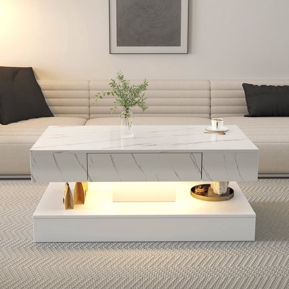 39" Modern Coffee Table, 2 Tier Rectangular Center Table with Drawer and Open Shelf, Wood Accent Table with LED Lights, for Living Room, Office