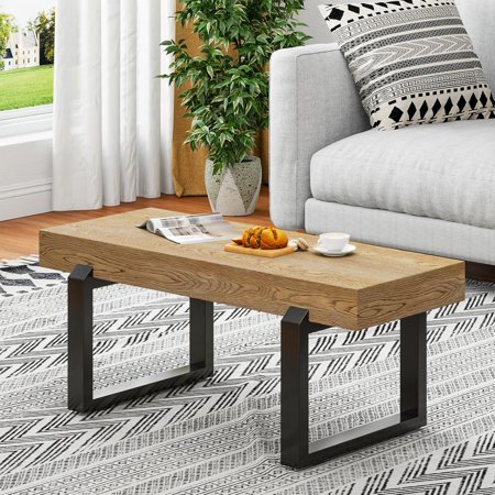 Modern Coffee Table, 43.31" Rectangle Wood Coffee Table with Oak Finish, Carbon Steel Legs, 2-Tier Storage, Adjustable Feet, Waterproof & Scratch-Resistant, Living Room Center Table