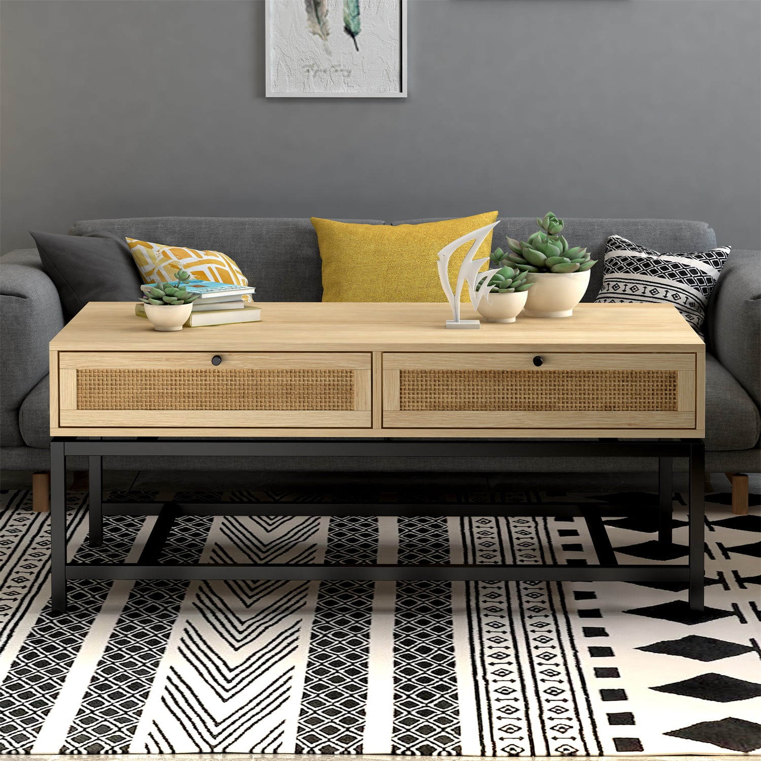 Modern Coffee Table, 45 inch Console Table with 2 Rattan Drawers for Living Room Modern Coffee Table, 45 inch Console Table with 2 Rattan Drawers for Living Room