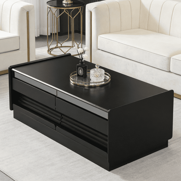 Modern Coffee Table 47In Rectangle 4 Drawers 2 Shelves Tempered Glass Top Wood Fluted Style Living Room Bedroom Storage Display Vintage Design Home Furniture Indoor Use Strong Durable