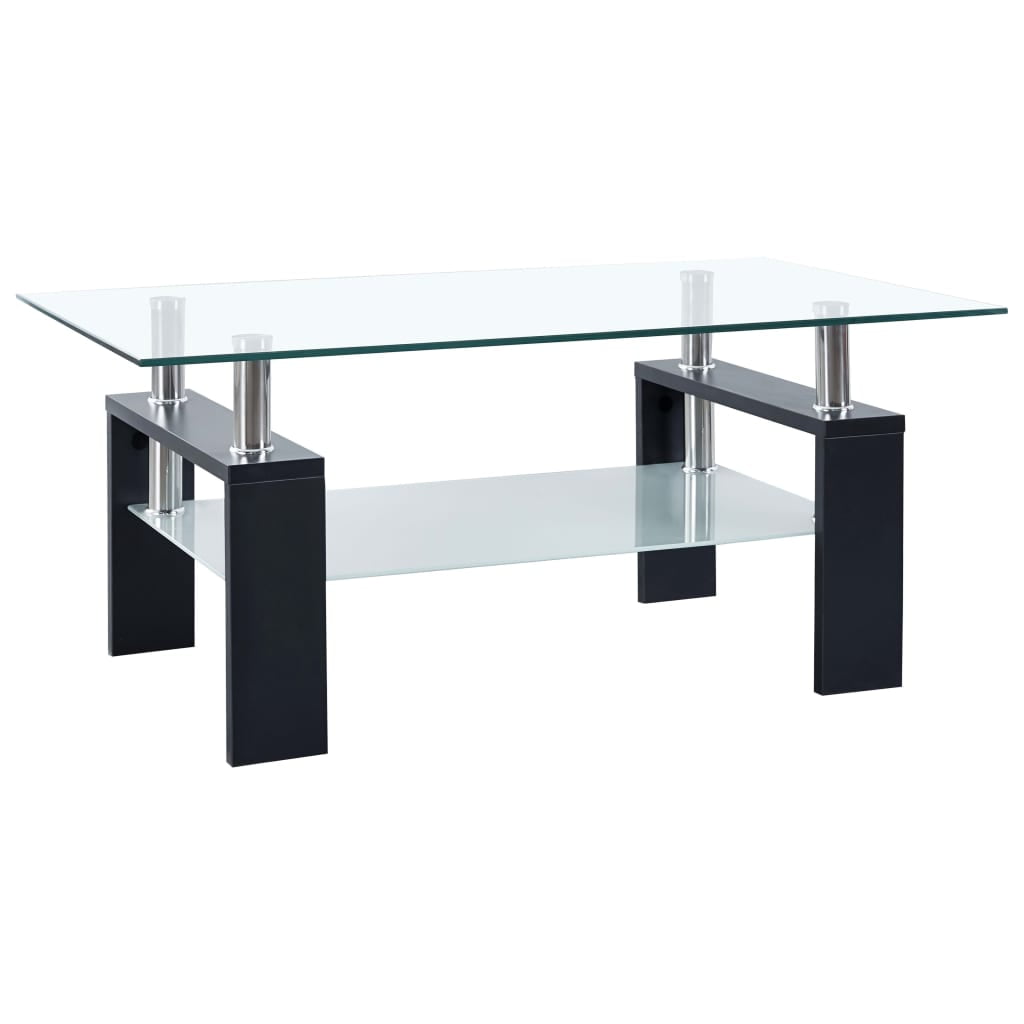 Black Rectangular Glass Coffee Table with Storage Shelf