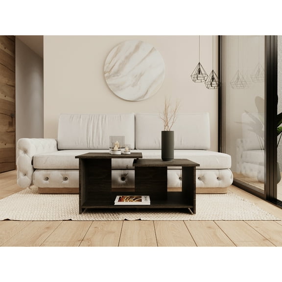 Modern Coffee Table, Black, With Open Shelf And Two-level Exhibition Presentation Display Show Black Design Lower Surface