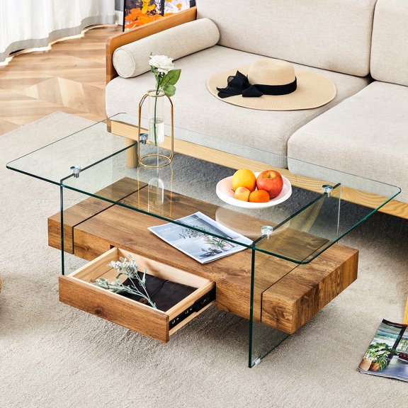 Modern Coffee Table With Double Layer, 43.3 Inch, Clear Tempered Glass & Natural Wood Grain, Spacious Storage Drawer, For Home Office Table, 43.3", Ideal