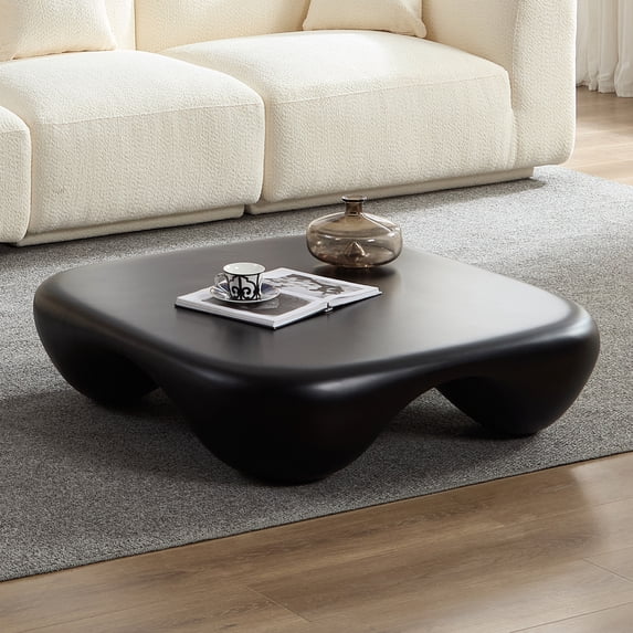 Modern Coffee Table with Faux Travertine Texture and Black Piano Finish for Living Room or Office, Lightweight Fiberglass-Reinforced Design with Scratch-Resistant Surface and Rounded Base