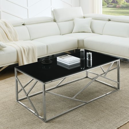 Modern Coffee Table For Living And Bedroom, Black Tempered Glass Top, Stainless Steel - Bedroom Accent Table, Finish