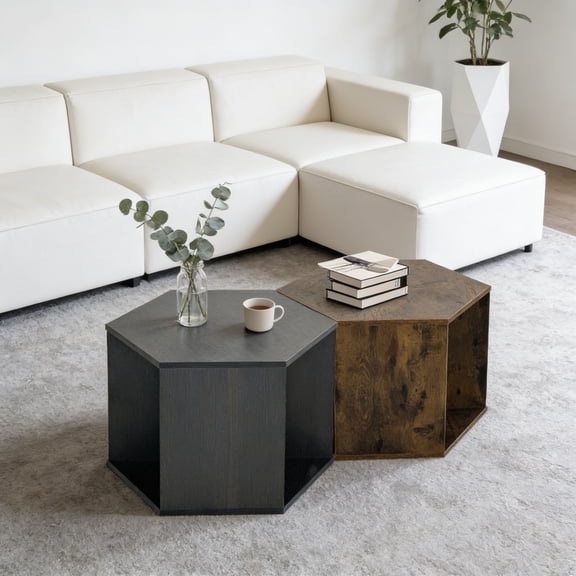 Modern Coffee Table, Hexagonal Small Coffee Table with Storage, Wood Coffee Table for Living Room, Wooden Coffee Table & End Table Side Table for Apartment, Black