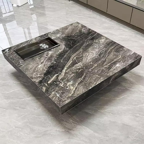 Modern Coffee Table for Living Room, 43.31" Square Living Room Table, Gray Sintered Stone Coffee Table with Black Metal Legs, Oversized Center Table Tea Table for Home Office