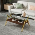 thumbnail image 1 of Modern Coffee Table,Rectangle Coffee Table with Tempered Glass Top with Wood Shelf,2-Tier for Home Living Room,Transparent Glass+Brown Wood+Gold Leg, 1 of 8