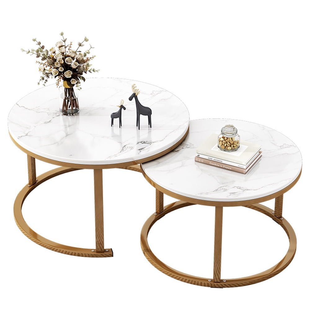 Modern Coffee Table Set of 2 Nesting Tables, Marble Look Sofa End Side
