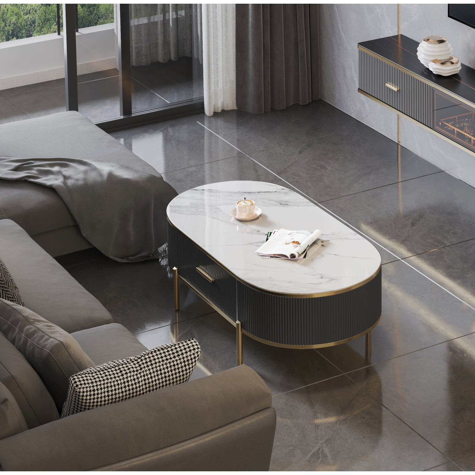 Elegant Oval Sintered Stone Coffee Table with Gold Accents and Storage
