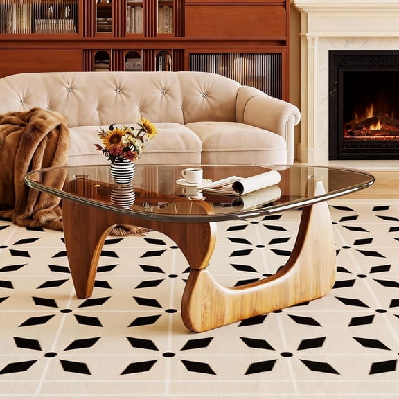 Modern Coffee Table, Small  Triangle Coffee Table for Living Room, Funky Walnut Coffee Tables with Tempered Glass Top & Natural Wood Base,35.5''Rustic Center Table for Small Spaces