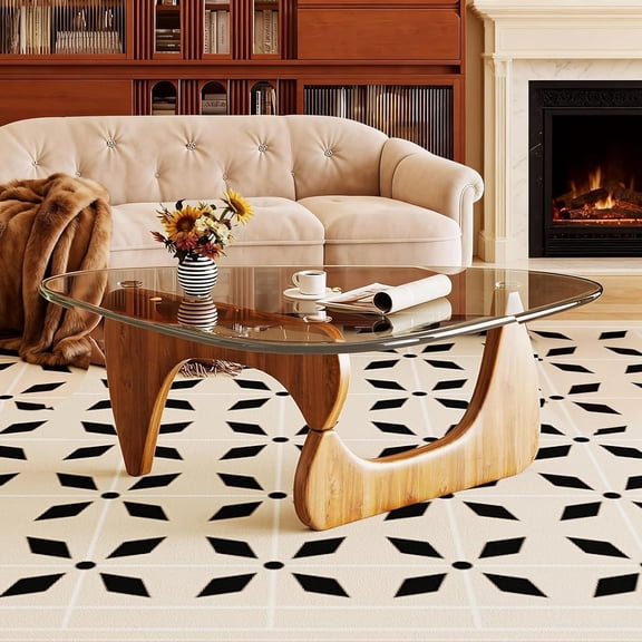 Modern Coffee Table,Small Walnut Triangle Coffee Table with Clear Glass& Wood Base for Small Spaces,Mid Century Modern Coffee Tables for Living Room (Walnut Transparent, 35.5″D×27.5″W×15.8″H)