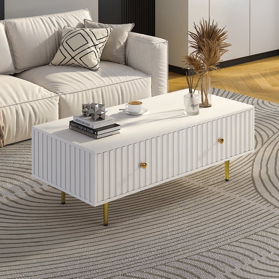 Modern Coffee Table with Storage with 2 Big Drawers, White Rectangle Coffee Table for Living Room, Wooden Fluted Table Accent Tea Table for Living Room Apartment Small Space