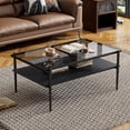 thumbnail image 1 of Modern Coffee Table, Tempered Glass Tabletop, Rectangle Coffee Table with Sturdy MDF Base and Black Iron Legs, Easy Assembly Living Room Furniture, 38.39 Inch Length, Gray Color, 1 of 10