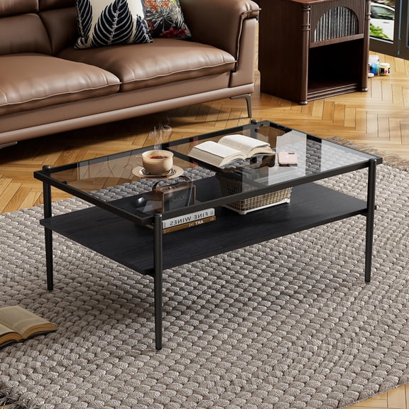 Modern Coffee Table, Tempered Glass Tabletop, Rectangle Coffee Table with Sturdy MDF Base and Black Iron Legs, Easy Assembly Living Room Furniture, 38.39 Inch Length, Gray Color