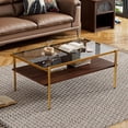 thumbnail image 1 of Modern Coffee Table, Tempered Glass Tabletop, Rectangle Coffee Table with Sturdy MDF Base and Golden Iron Legs, Easy Assembly Living Room Furniture, 38.39 Inch Length, Gray Color, 1 of 10