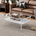 thumbnail image 1 of Modern Coffee Table, Tempered Glass Tabletop, Rectangle Coffee Table with Sturdy MDF Base and White Iron Legs, Easy Assembly Living Room Furniture, 38.39 Inch Length, Gray Color, 1 of 10