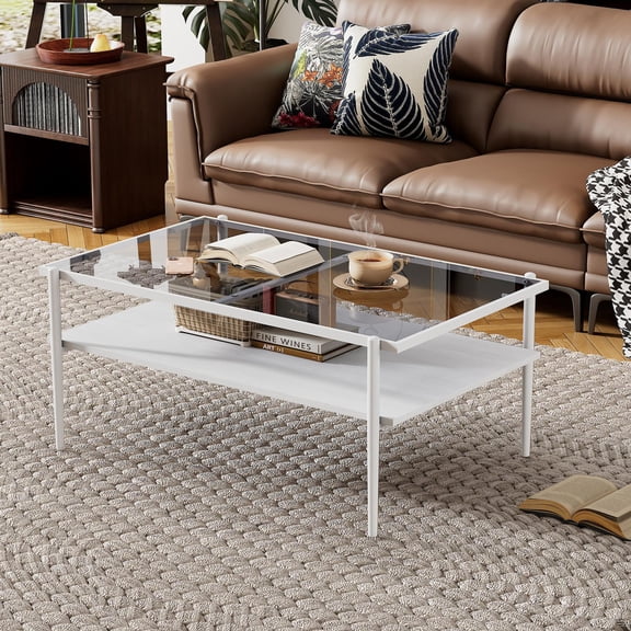 Modern Coffee Table, Tempered Glass Tabletop, Rectangle Coffee Table with Sturdy MDF Base and White Iron Legs, Easy Assembly Living Room Furniture, 38.39 Inch Length, Gray Color
