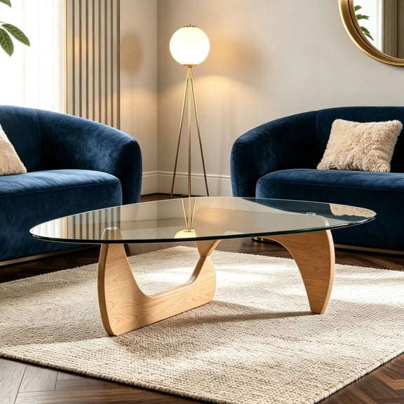 Modern Coffee Table, Tempered Glass Top with Wood Legs, Accent Table for Living Room and Small Spaces