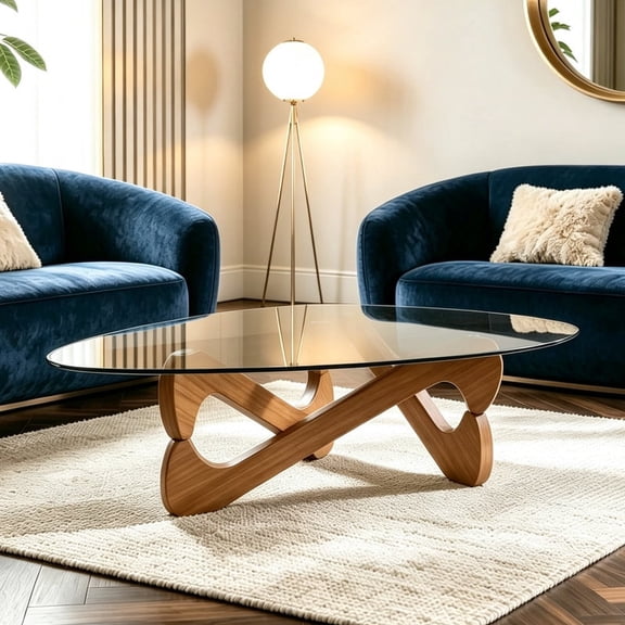 Modern Triangle Coffee Table, 32.3" Tempered Glass Top with Wood Base, Center Table for Living Room, Small Spaces
