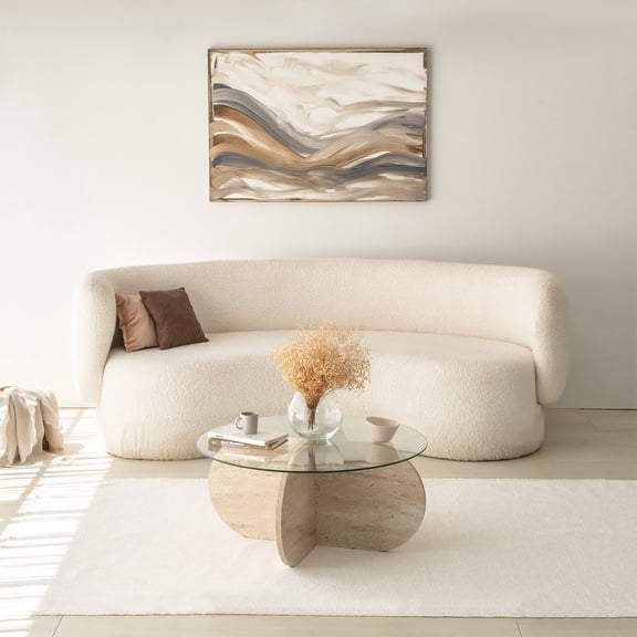 Modern Coffee Table, Travertine Color, 29.5 in Diameter x 13.8 in Height | 100% Glass Top & 100% Melamine Coated Particle Board Base, Thickness: 0.7 in