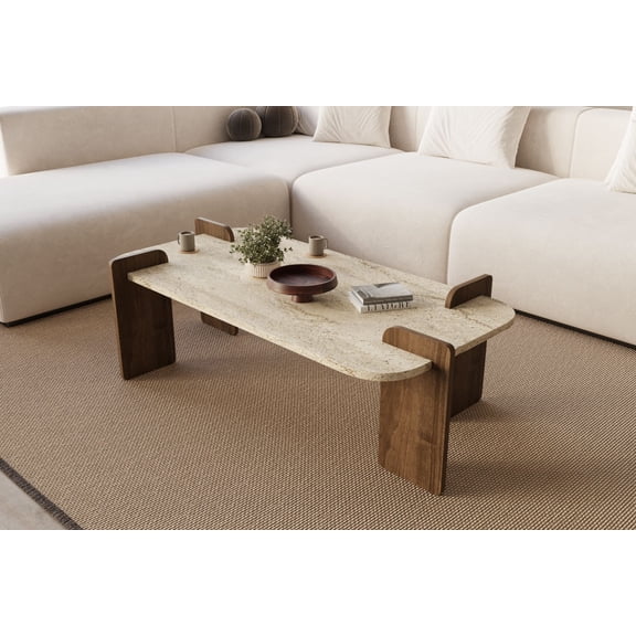Modern Coffee Table, Travertine & Walnut Finish, 47.2 x 13.8 x 23.6 in, 100% Melamine Coated Chipboard, Sleek Design, Easy Assembly, For Living Room & Contemporary Spaces