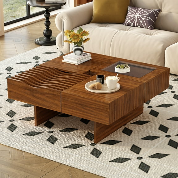 Modern Coffee Table, Unique Square Wooden Coffee Table with 3 Drawers, Tempered glass and Solid Wood Legs for Living Room (Brown & 33'')