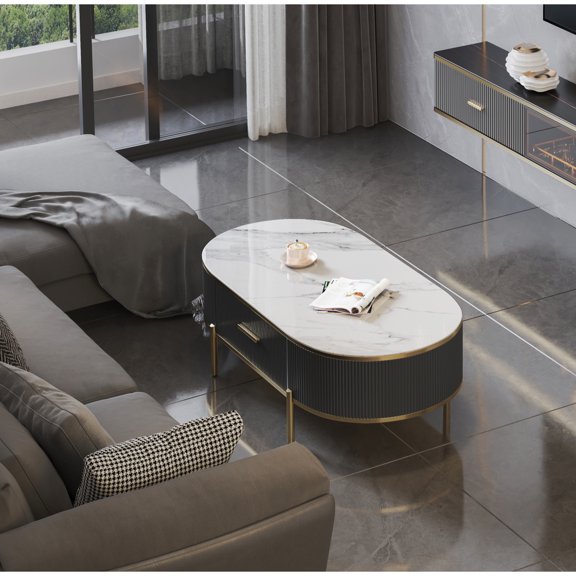 Modern Coffee Table White/Gray Sintered Stone Top & Gold With Drawer 19902