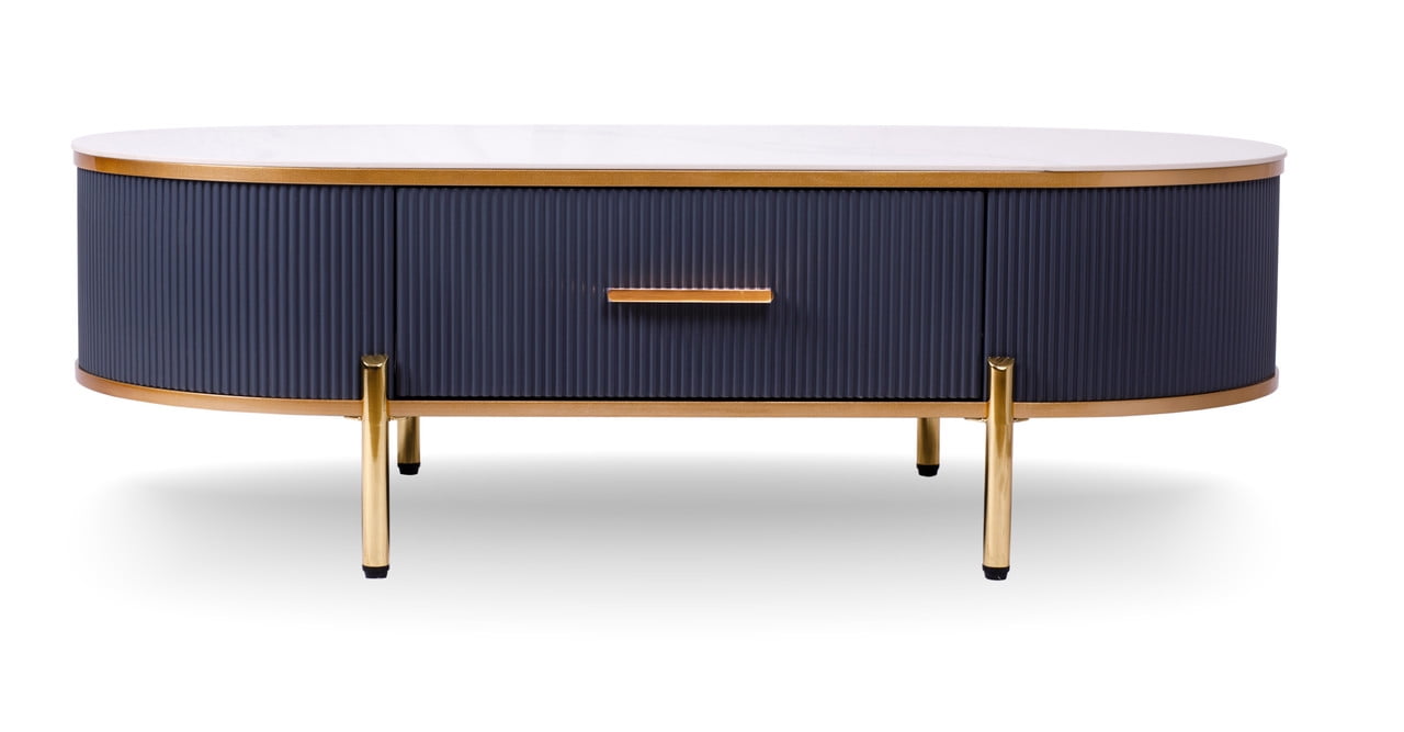 Elegant Oval Sintered Stone Coffee Table with Gold Accents and Storage