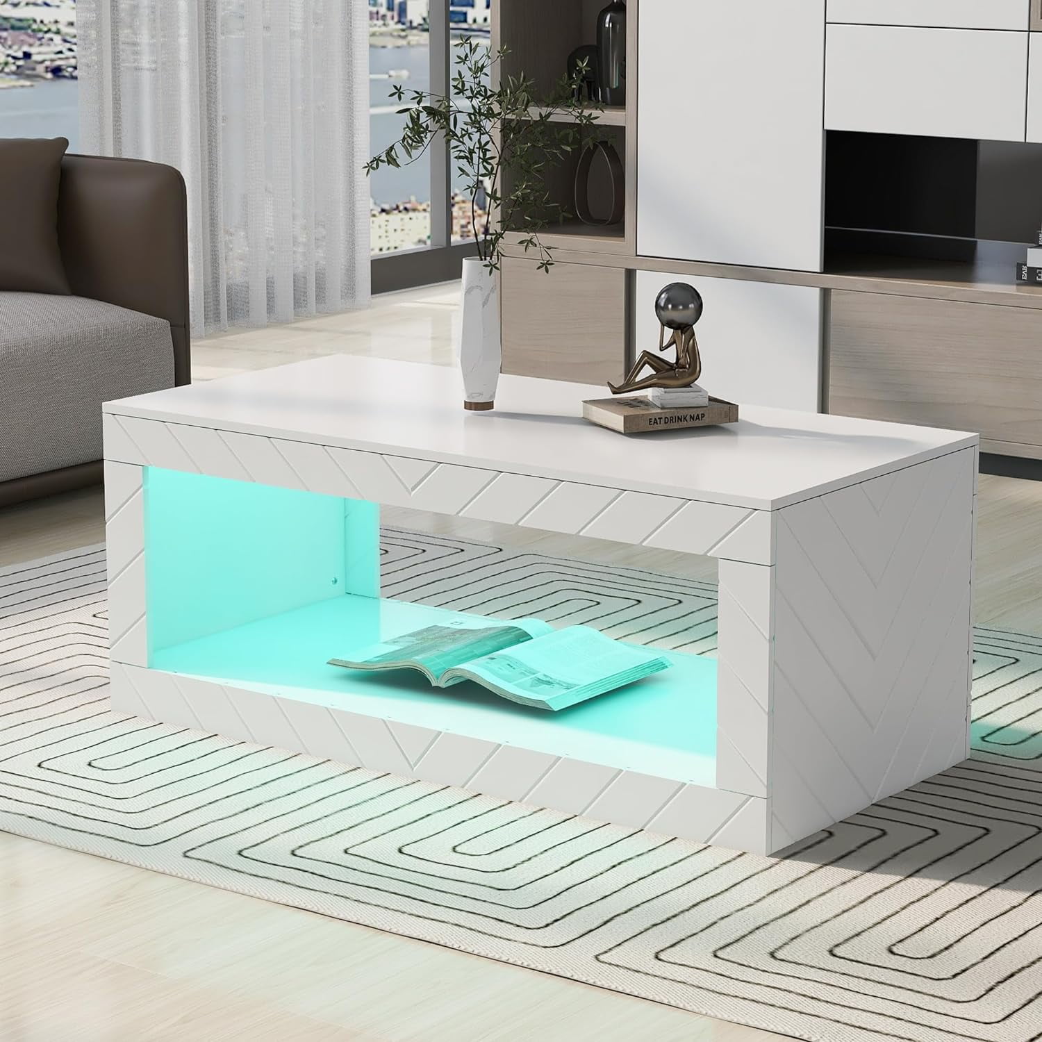 Modern Coffee Table With 16 Colors LED Lights, High Gloss Cocktail