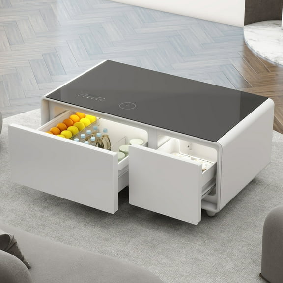 Modern Coffee Table With Built-in Fridge, Wireless Charging Feature, Atmosphere , Ports, White Refrigerator, Speaker, Function, Lighting