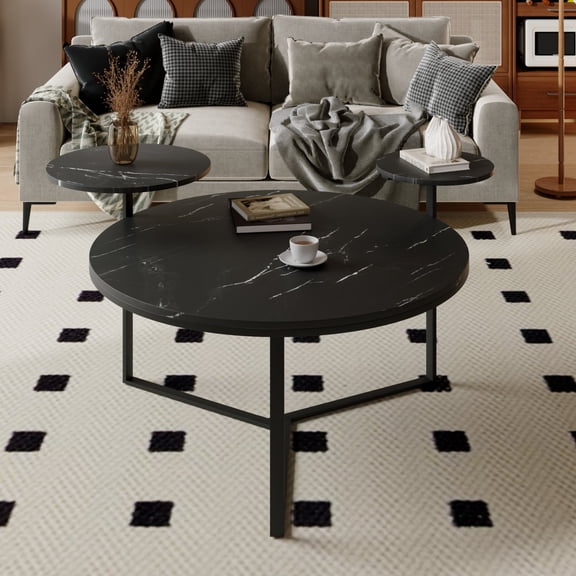 Modern Coffee Table With Two Display Shelves, Black Faux Marble Surfaces, Tripod-Inspired Base, Rounded Tabletop Edges