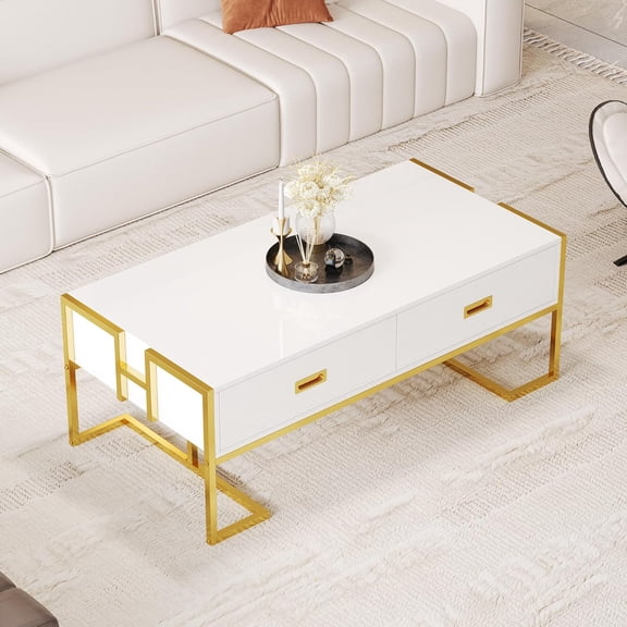 Modern Coffee Table with 4 Drawers and Gold Base, 47.3" Rectangular Center Table Cocktail Table for Living Room Parlor Office (White-9.4)