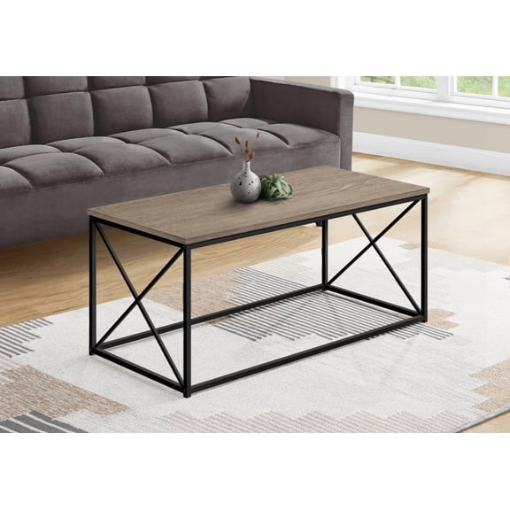 Modern Coffee Table with Brown Laminate and Black Metal, 40" Rectangular for Living Room