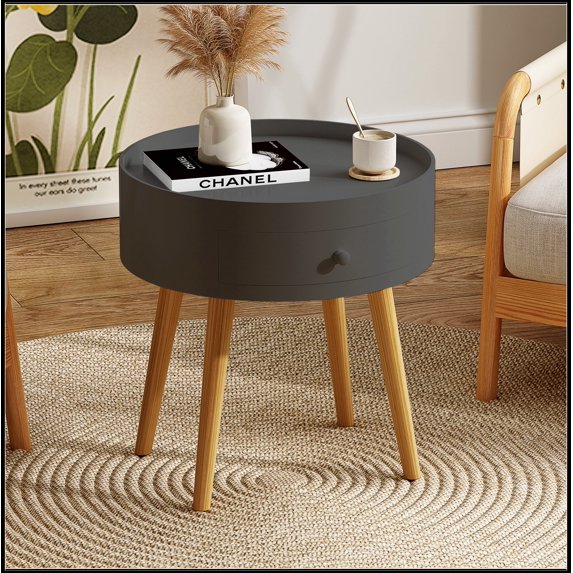 Modern Coffee Table with Drawer, Bedside Table, Sofa Side Table, Oak Table Legs, Suitable for Living Room and Bedroom,Gray