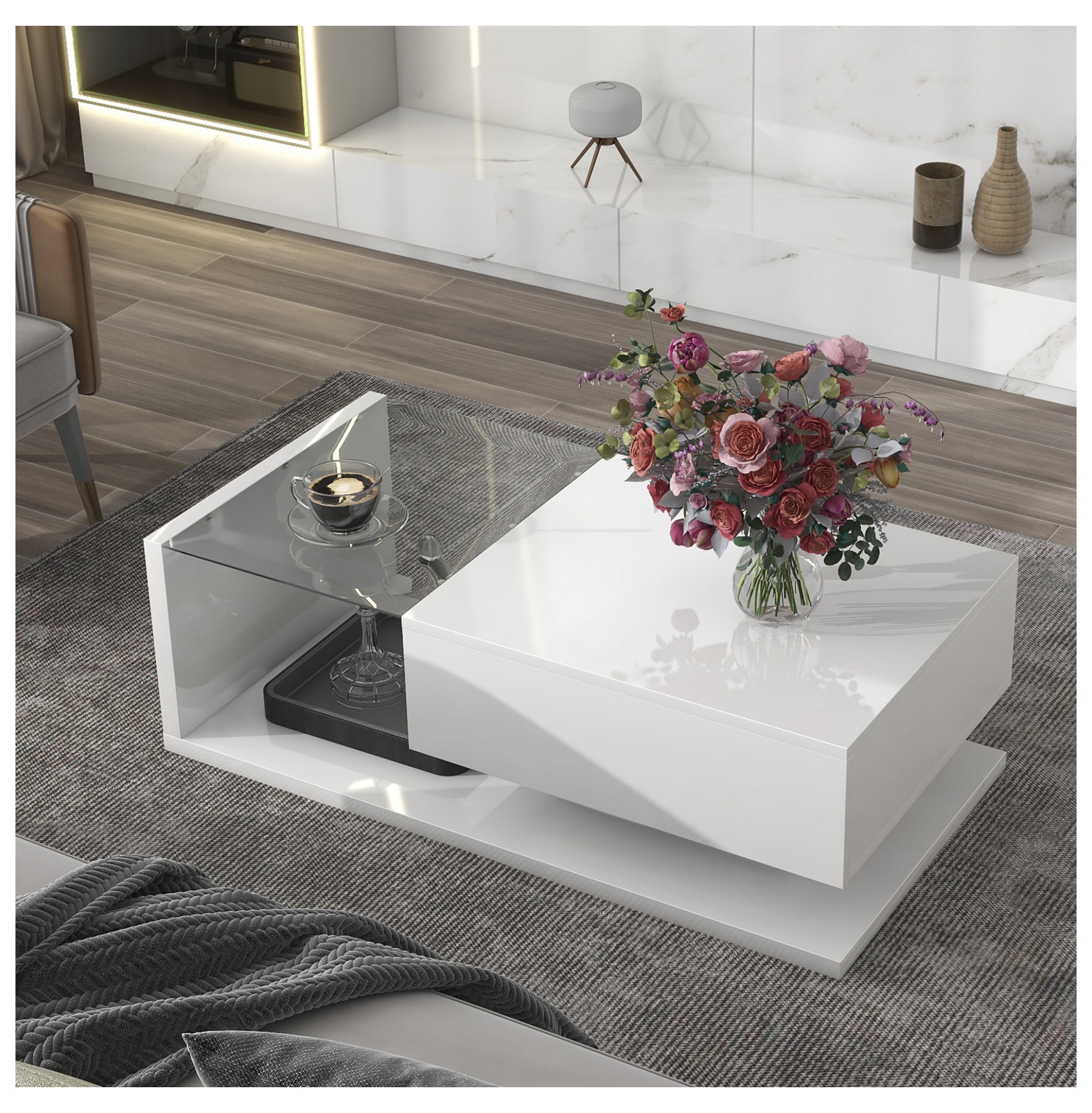 Modern Coffee Table with Glass Top & Drawer, White Cocktail Table, 39.3 ...