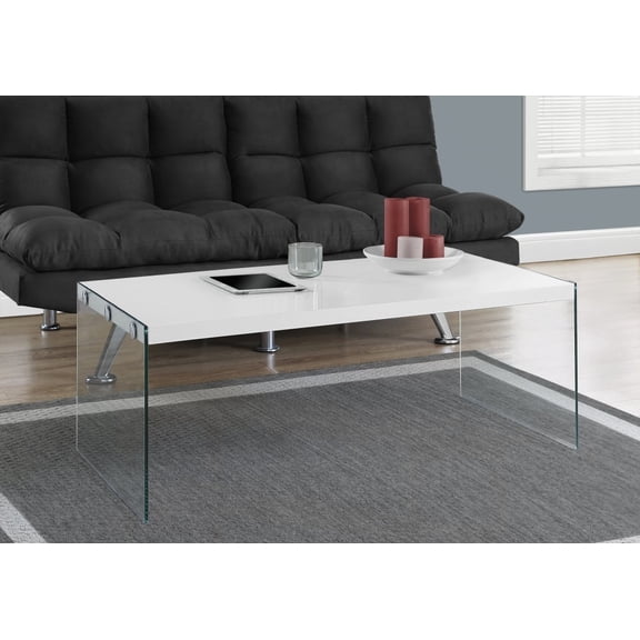 Modern Coffee Table with Glossy White Laminate & Clear Glass | 44"l