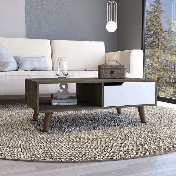 Modern Coffee Table with One Open Shelf and One Drawer, Dark Brown/White (23.62''D X 39.61''W)