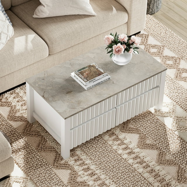 Modern Coffee Table with Sliding Drawers for Living Room, White