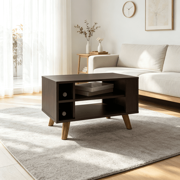Modern Coffee Table with Storage, Black Shawnee Console Table for Living Room Decor