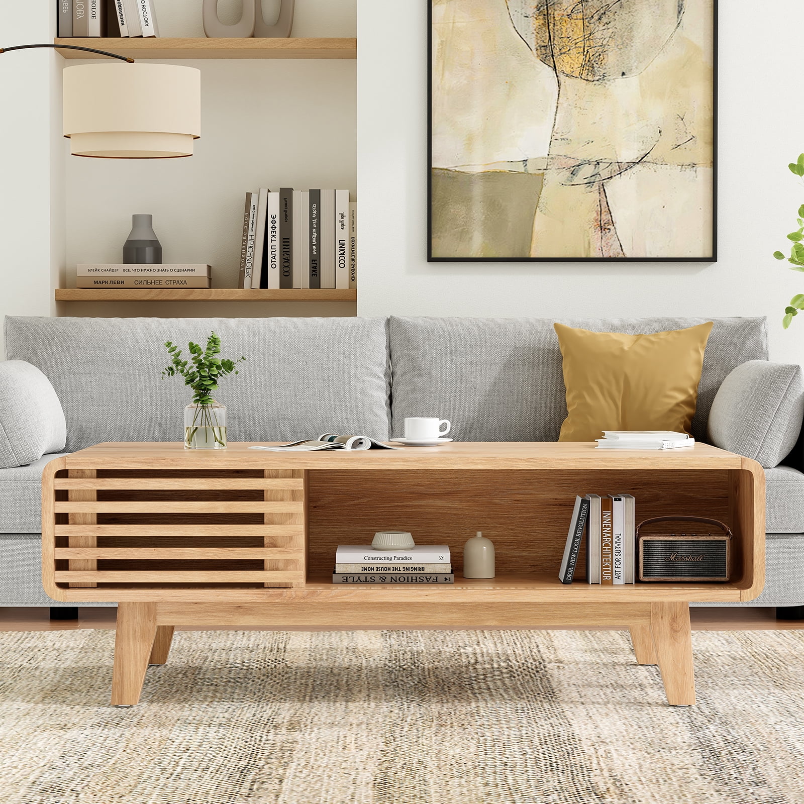 TrumanPick 43.7" Coffee Table with 4 Compartments - Mid-Century Farmhouse Storage Table for Living Room