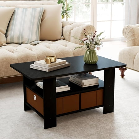Modern Coffee Table with Storage, Wood Coffee Table for Living Room, 2-Tier Center Table for Large or Small Spaces Apartment Home Office Black/Brown.