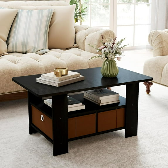 Modern Coffee Table with Storage, Wood Coffee Table for Living Room, 2-Tier Center Table for Large or Small Spaces Apartment Home Office Black/Brown.