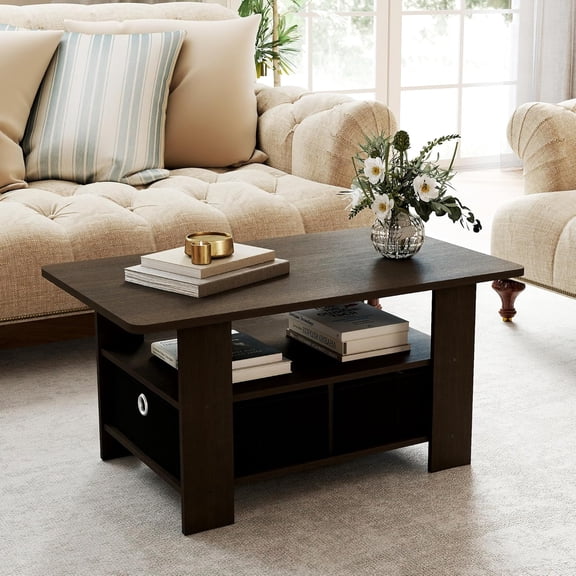 Modern Coffee Table with Storage, Wood Coffee Table for Living Room, 2-Tier Center Table for Large or Small Spaces Apartment Home Office Brown/Black.