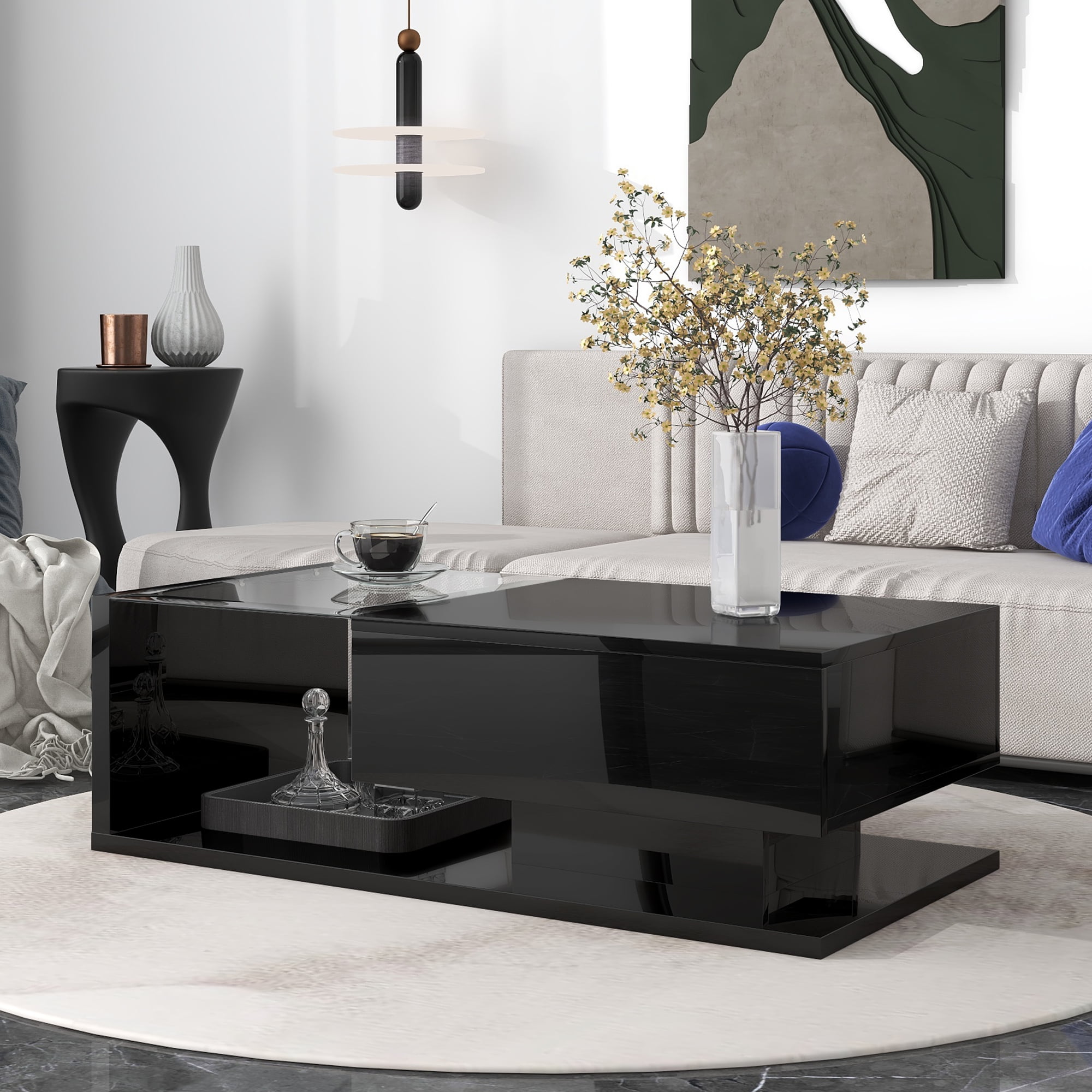 Modern Black Glass Table センターテーブル② Modern Coffee Table with Tempered Glass, With High-gloss UV